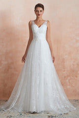 Wedding Dress Shoulders, V-Neck Lace Pleated White A-Line Wedding Dresses