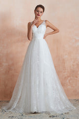 Wedding Dress Shoulder, V-Neck Lace Pleated White A-Line Wedding Dresses