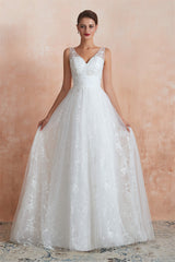 Wedding Dress Diet, V-Neck Lace Pleated White A-Line Wedding Dresses