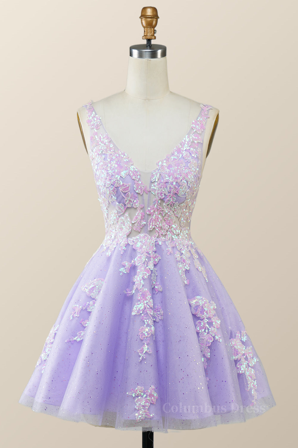 Prom Dress Online, V Neck Lavender Sequin A-line Short Dress