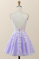 Prom Dresses Floral, V Neck Lavender Sequin A-line Short Dress