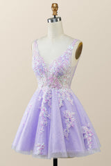 Prom Dresses Long Sleeves, V Neck Lavender Sequin A-line Short Dress