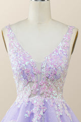 Prom Dress Elegent, V Neck Lavender Sequin A-line Short Dress