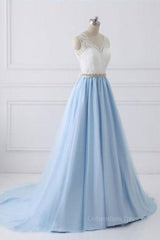 Ranch Dress, V Neck Light Blue Lace Prom Dresses, Light Blue Lace Formal Evening Dresses