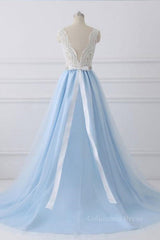 Lace Dress, V Neck Light Blue Lace Prom Dresses, Light Blue Lace Formal Evening Dresses