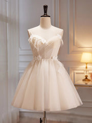 Bridesmaids Dress Short, V Neck Light Champagne Tulle Short Prom Dresses, Short Champagne Tulle Formal Homecoming Dresses