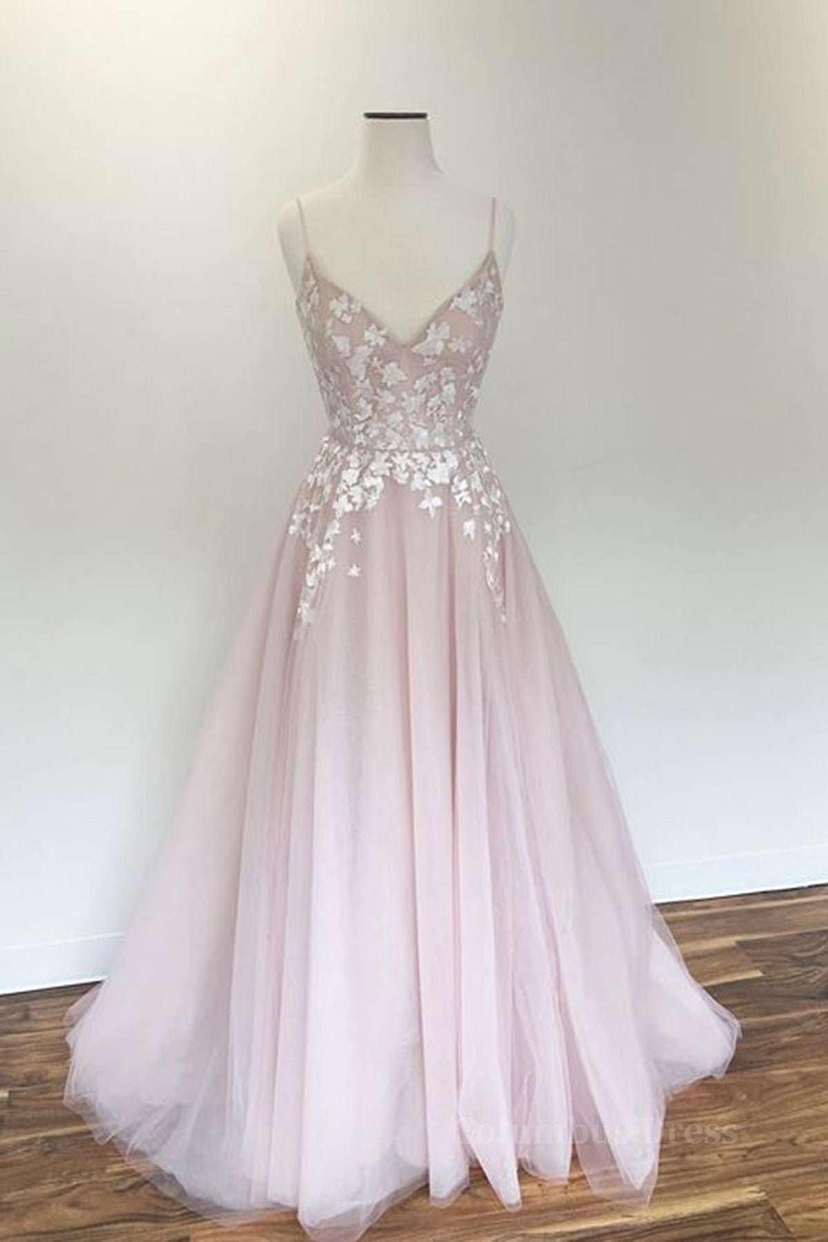 Gown Dress, V Neck Light Pink Tulle Lace Prom Dresses, Light Pink Tulle Lace Formal Evening Dresses