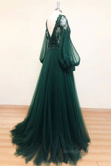Sparklie Prom Dress, V Neck Long Sleeves Green Lace Prom Dresses, V Neck Green Lace Formal Evening Dresses
