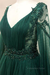 Long Prom Dress, V Neck Long Sleeves Green Lace Prom Dresses, V Neck Green Lace Formal Evening Dresses