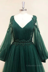 Girl Dress, V Neck Long Sleeves Green Lace Prom Dresses, V Neck Green Lace Formal Evening Dresses
