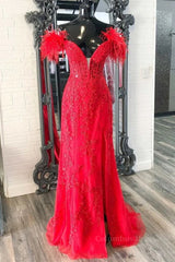 Bridesmaids Dress Red, V Neck Mermaid Off Shoulder Red Lace Long Prom Dress, Mermaid Red Formal Dress, Red Lace Evening Dress
