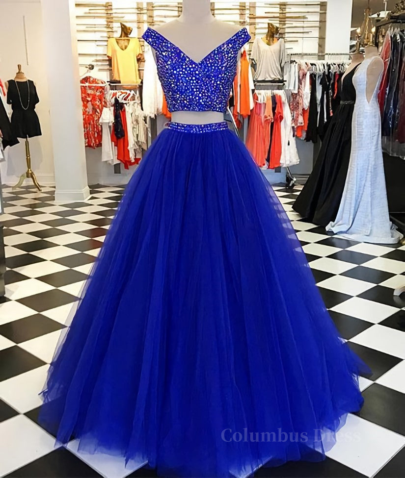 Bridesmaid Dresses 2026, V Neck Off Shoulder 2 Pieces Beads Blue Tulle Long Prom Dress, Blue 2 Pieces Ball Gown, Evening Dress