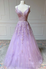 Formal Dresses For Girls, V Neck Off Shoulder Long Lilac Lace Prom Dress, Off Shoulder Purple Lace Formal Graduation Evening Dress