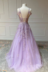 Formal Dresses With Sleeves For Weddings, V Neck Off Shoulder Long Lilac Lace Prom Dress, Off Shoulder Purple Lace Formal Graduation Evening Dress
