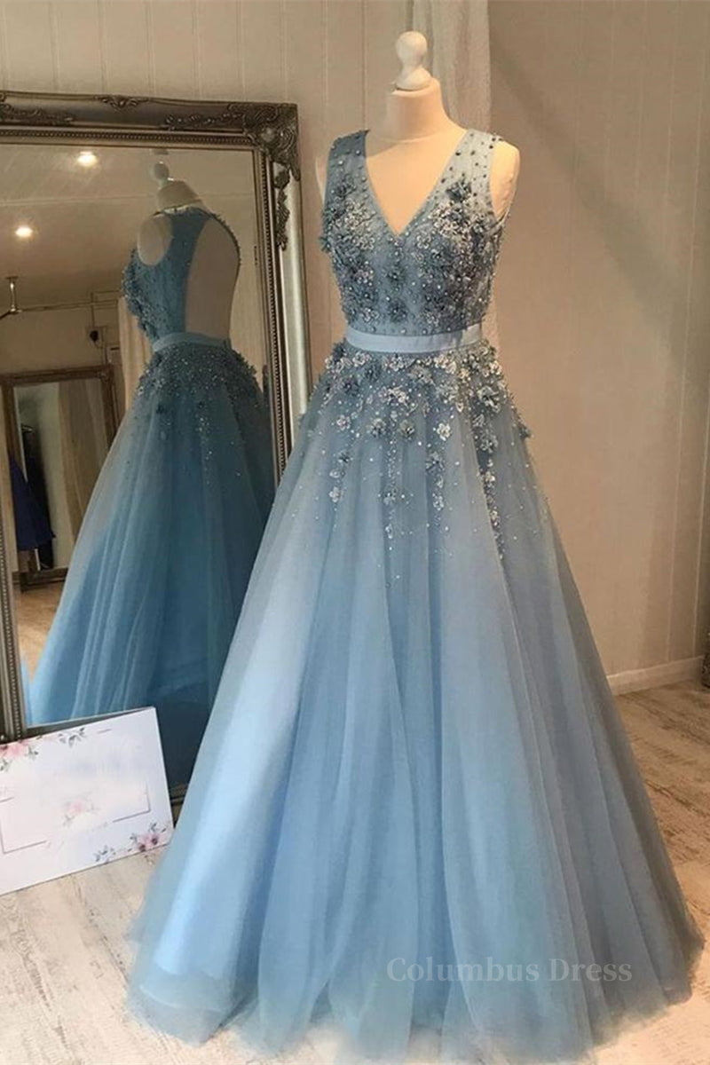 Dress Design, V Neck Open Back Beaded Blue Long Prom Dress with 3D Flowers, Open Back Blue Formal Graduation Evening Dress