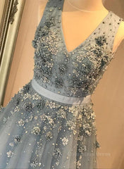 Shirt Dress, V Neck Open Back Beaded Blue Long Prom Dress with 3D Flowers, Open Back Blue Formal Graduation Evening Dress