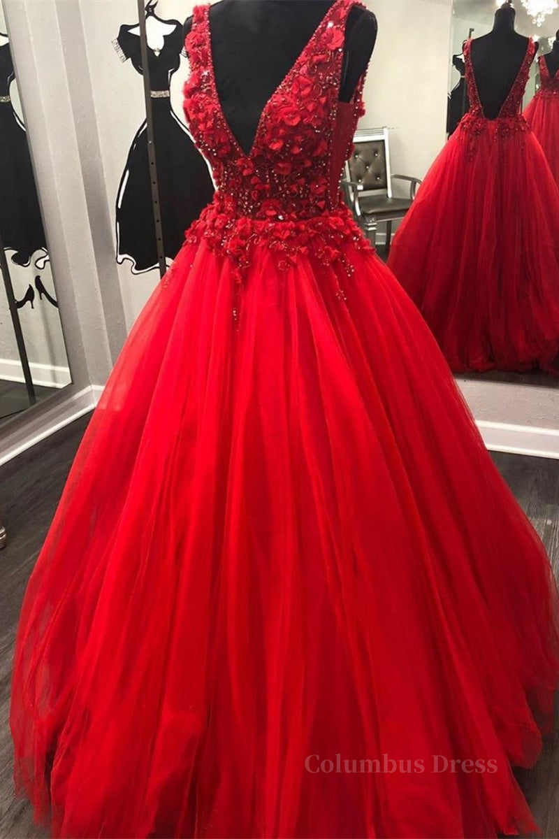 Homecoming Dresses Aesthetic, V Neck Open Back Beading Red Long Prom Dress with 3D Flower, V Neck Red Formal Dress, Red Evening Dress
