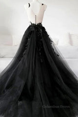 Formal Dress Long, V Neck Open Back Black Tulle Lace Floral Long Prom Dresses, Black Lace Formal Evening Dresses with Appliques