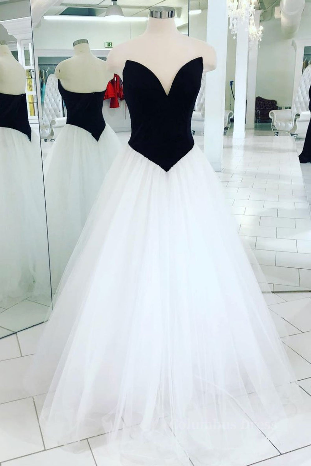 Evening Dress Designer, V Neck Open Back Black Velvet Top White Long Prom Dress, V Neck Black and White Formal Evening Dress