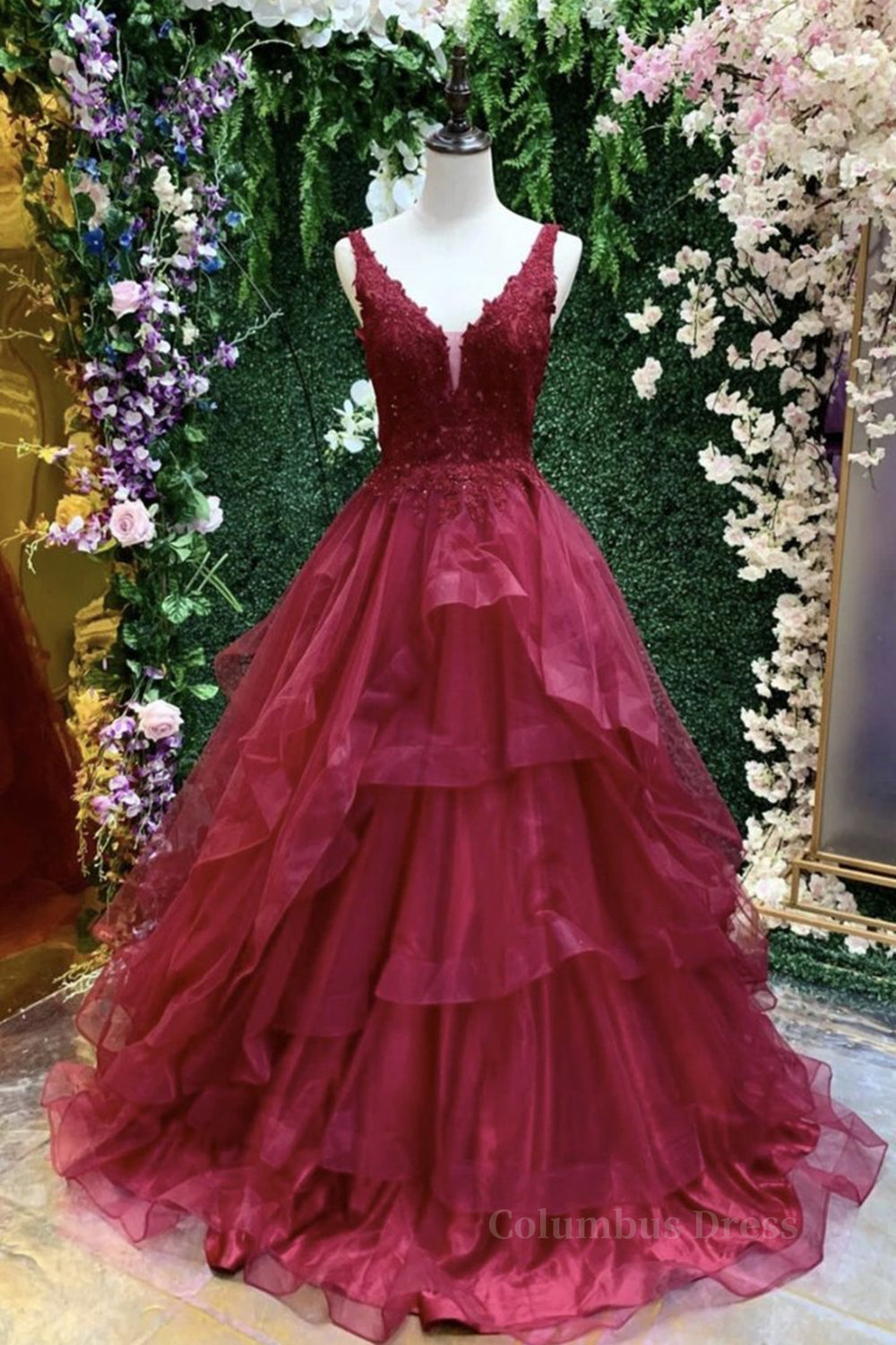 Homecoming Dress Website, V Neck Open Back Burgundy Lace Long Prom Dress, Burgundy Lace Formal Evening Dress, Burgundy Ball Gown
