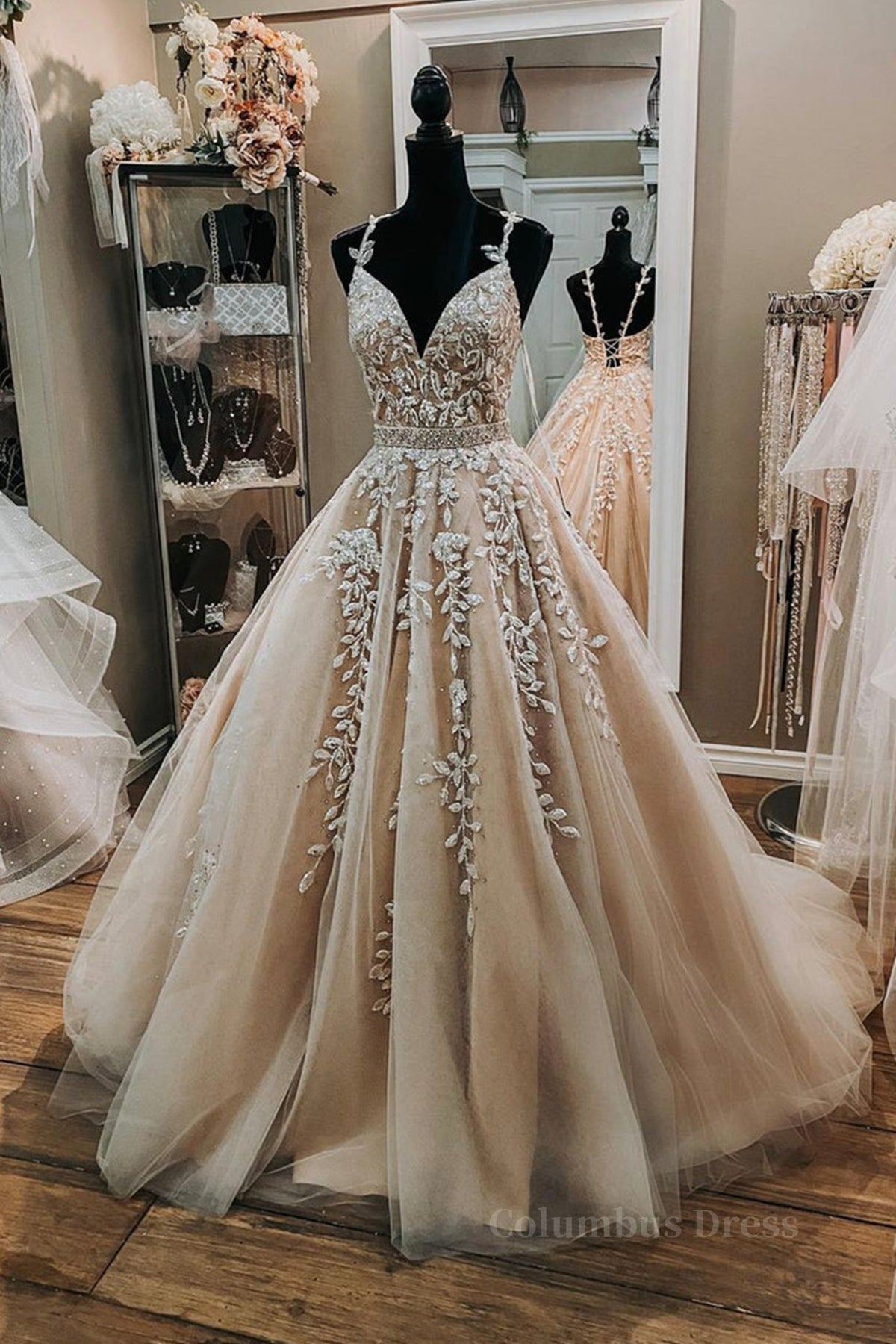 Bridesmaid Dresses Design, V Neck Open Back Champagne Tulle Lace Long Prom Dress with Belt, Champagne Lace Formal Evening Dress, Champagne Ball Gown