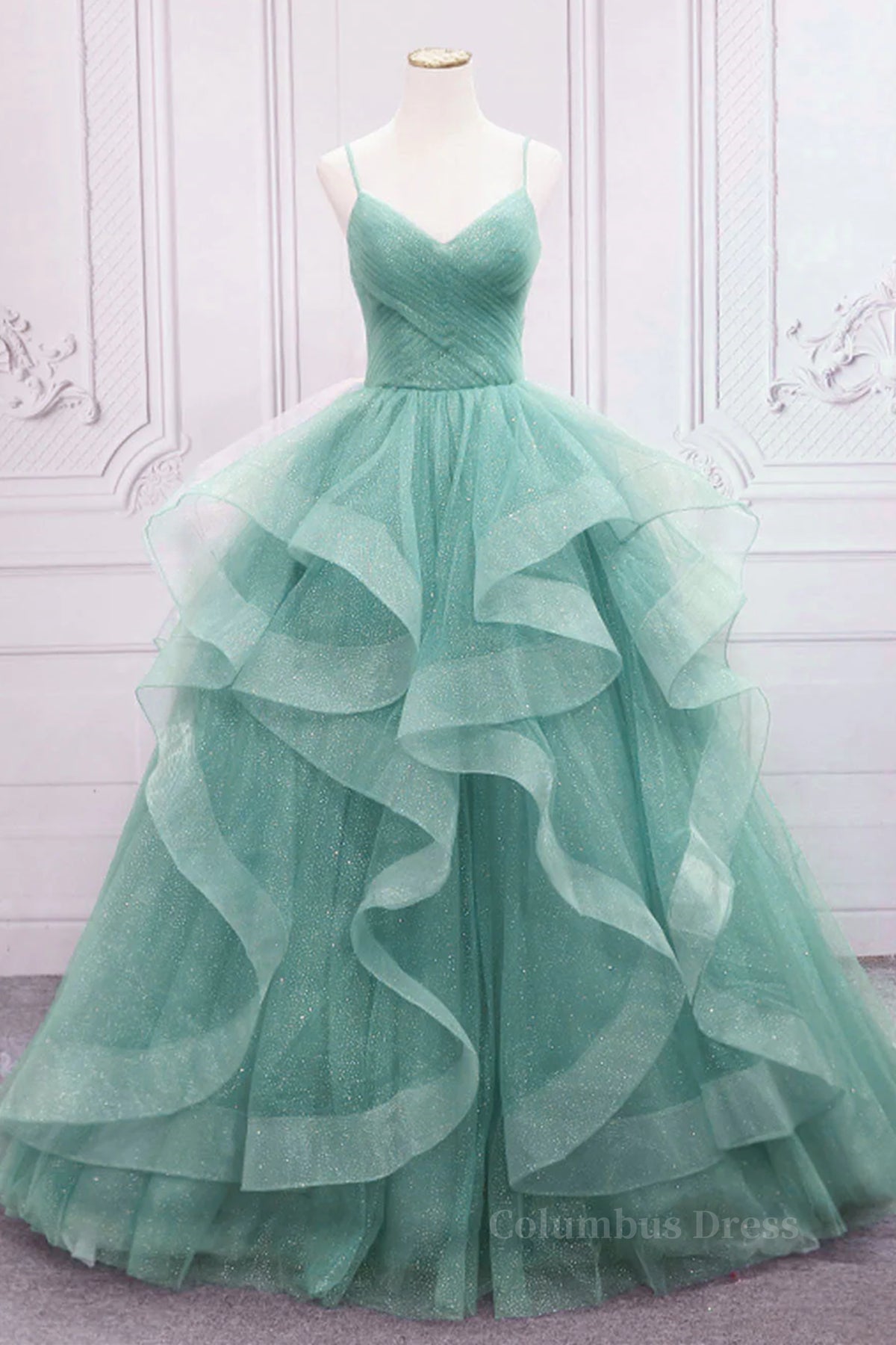 Floral Prom Dress, V Neck Open Back Fluffy Green Tulle Long Prom Dresses, Green Formal Evening Dresses, Ball Gown