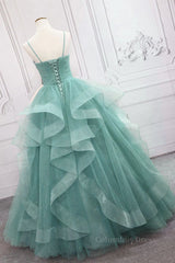 Emerald Green Prom Dress, V Neck Open Back Fluffy Green Tulle Long Prom Dresses, Green Formal Evening Dresses, Ball Gown