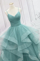 Fairy Dress, V Neck Open Back Fluffy Green Tulle Long Prom Dresses, Green Formal Evening Dresses, Ball Gown