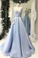 Winter Formal Dress, V Neck Open Back Light Blue Satin Long Prom Dresses with Pocket