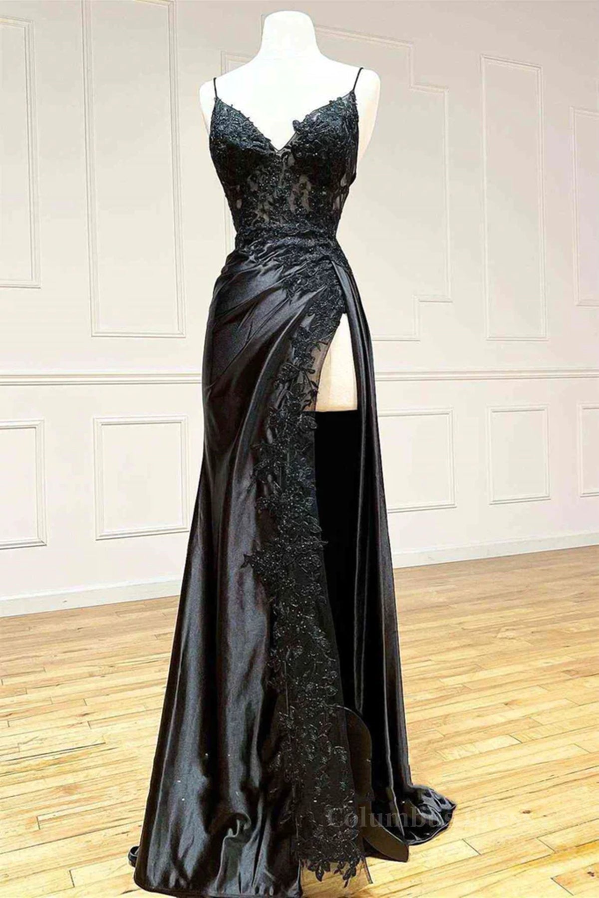 Elegant Gown, V Neck Open Back Mermaid Black Lace Long Prom Dress, Mermaid Black Lace Formal Dresses