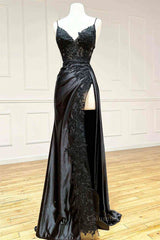 Elegant Gown, V Neck Open Back Mermaid Black Lace Long Prom Dress, Mermaid Black Lace Formal Dresses