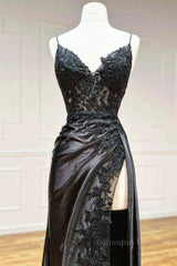 Dream Dress, V Neck Open Back Mermaid Black Lace Long Prom Dress, Mermaid Black Lace Formal Dresses