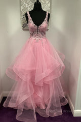 Formal Dress Classy Elegant, V Neck Open Back Pink Lace Puffy Tulle Long Prom Dresses, Pink Lace Formal Dresses, Pink Evening Dresses