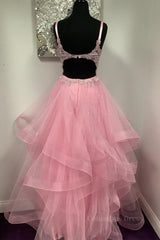 Formal Dress Lace, V Neck Open Back Pink Lace Puffy Tulle Long Prom Dresses, Pink Lace Formal Dresses, Pink Evening Dresses