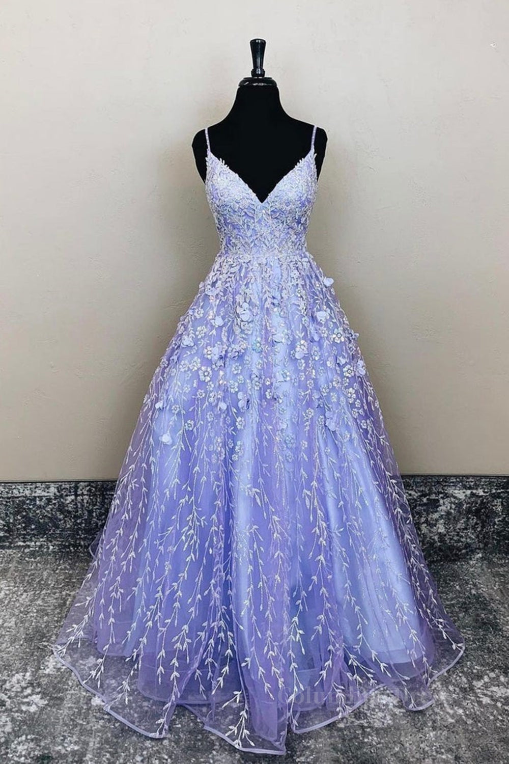 Bridesmaid Dresses Shop, V Neck Open Back Purple Lace Floral Long Prom Dress, Purple Lace Floral Formal Evening Dress