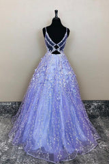 Bridesmaid Dresses Shops, V Neck Open Back Purple Lace Floral Long Prom Dress, Purple Lace Floral Formal Evening Dress