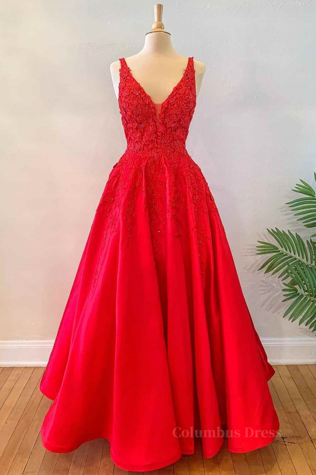 Wedding, V Neck Open Back Red Lace Long Prom Dress, Red Lace Formal Dress, Beaded Red Evening Dress
