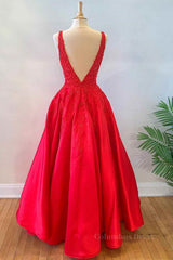 Bridesmaid Dress Navy Blue, V Neck Open Back Red Lace Long Prom Dress, Red Lace Formal Dress, Beaded Red Evening Dress
