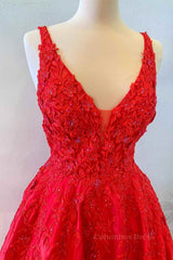 Bridesmaid Dresses Sage Green, V Neck Open Back Red Lace Long Prom Dress, Red Lace Formal Dress, Beaded Red Evening Dress