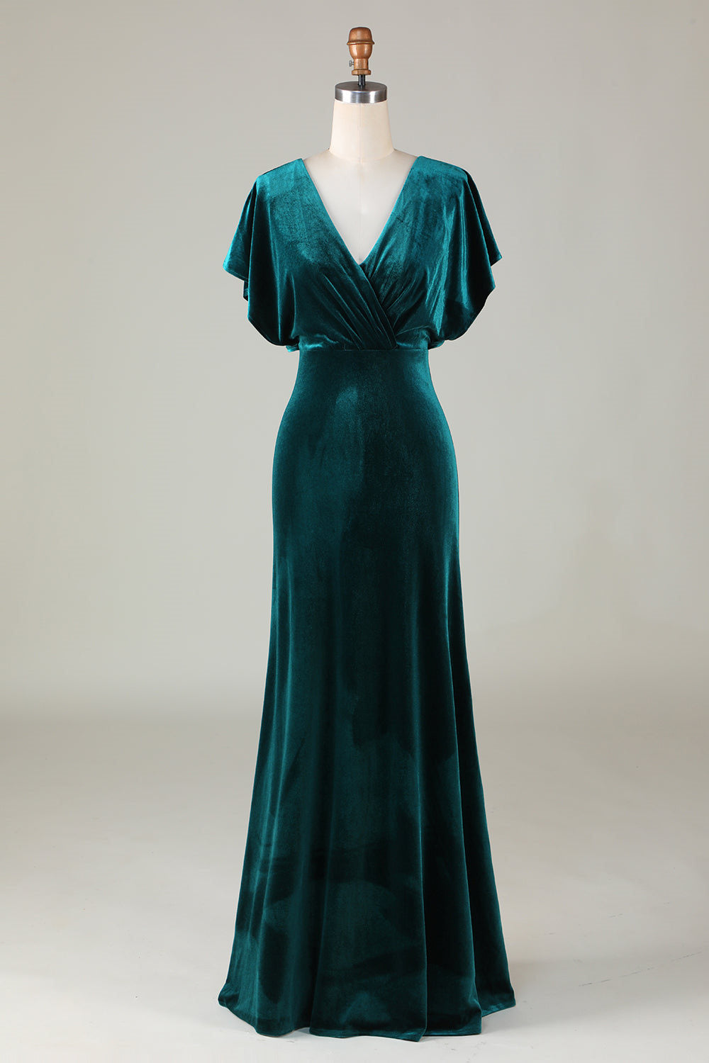 Homecoming Dresses 2029, V-Neck Peacock Green Ruffle Sleeves Vlevet Bridesmaid Dress