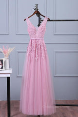 Party Dress High Neck, V Neck Pink Lace Prom Dresses, Pink V Neck Lace Bridesmaid Formal Dresses