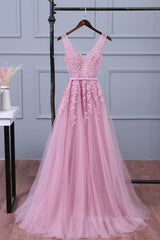 Corset Prom Dress, V Neck Pink Lace Prom Dresses, Pink V Neck Lace Bridesmaid Formal Dresses