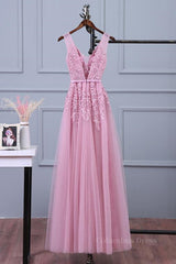 Party Outfit Night, V Neck Pink Lace Prom Dresses, Pink V Neck Lace Bridesmaid Formal Dresses