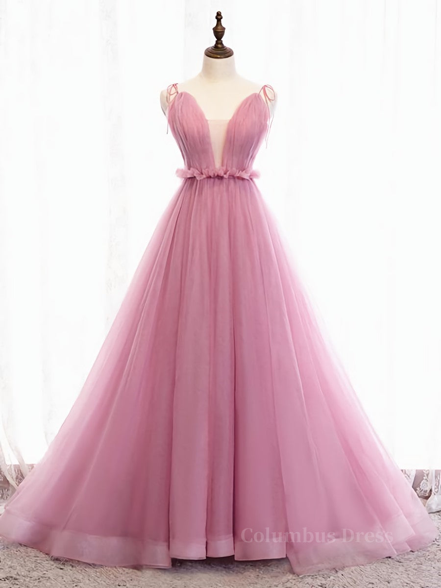 Party Dress Pink, V Neck Pink Tulle Prom Dresses with Train, Pink Long Formal Evening Graduation Dresses