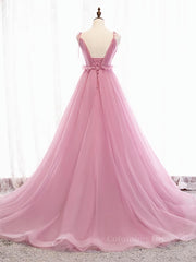 Party Dresses Short Clubwear, V Neck Pink Tulle Prom Dresses with Train, Pink Long Formal Evening Graduation Dresses