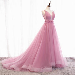 Party Dress Short Clubwear, V Neck Pink Tulle Prom Dresses with Train, Pink Long Formal Evening Graduation Dresses
