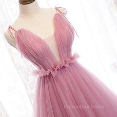 Party Dress Miami, V Neck Pink Tulle Prom Dresses with Train, Pink Long Formal Evening Graduation Dresses