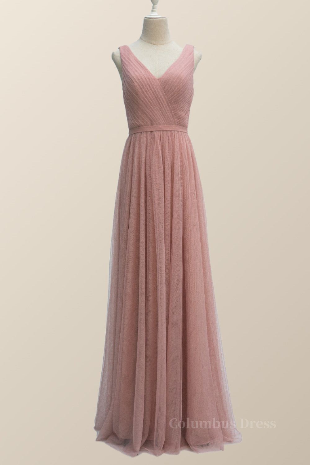 Fantasy Dress, V Neck Plush Pink Tulle Long Bridesmaid Dress