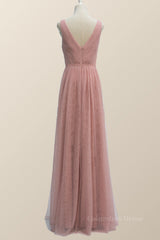 Party Dress Brown, V Neck Plush Pink Tulle Long Bridesmaid Dress
