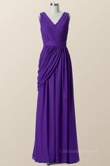 Party Dress On Line, V Neck Purple Pleated Chiffon A-line Bridesmaid Dress